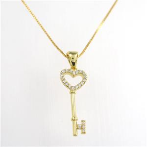 copper necklace paved zircon, key, gold plated, approx 8-20mm, 40cm length [FDZN9107]