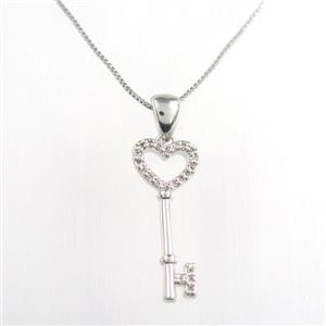 copper necklace paved zircon, key, platinum plated, approx 8-20mm, 40cm length [FDZN9108]