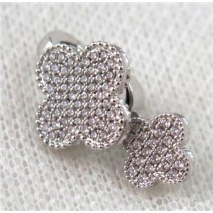 copper clasp paved zircon, clover, platinum plated, approx 14-25mm [FDZN917]