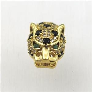 copper leopardhead beads paved zircon, gold plated, approx 10-16mm [FDZN9171]
