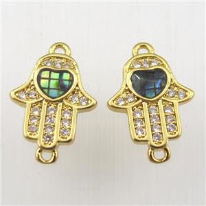 copper hamsahand connector paved zircon with abalone shell, gold plated, approx 10-15mm [FDZN9187]