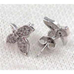 copper butterfly earring paved zircon, platinum plated, approx 10-20mm [FDZN919]
