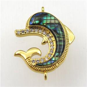 copper dolphin connector paved zircon with abalone shell, gold plated, approx 20-24mm [FDZN9192]