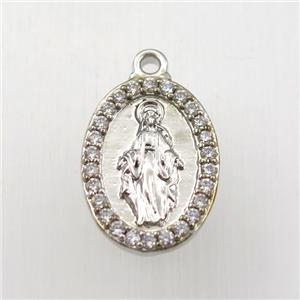 copper Jesus pendant paved zircon, oval, platinum plated, approx 13-18mm [FDZN9207]