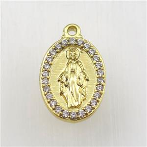 copper Jesus pendant paved zircon, oval, religious, gold plated, approx 13-18mm [FDZN9208]