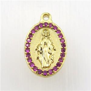 copper Jesus pendant paved zircon, oval, religious, gold plated, approx 13-18mm [FDZN9212]