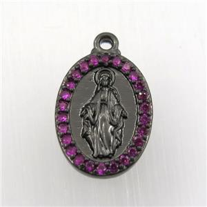 copper Jesus pendant paved zircon, oval, black plated, approx 13-18mm [FDZN9213]