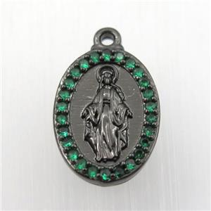 copper Jesus pendant paved zircon, oval, religious, black plated, approx 13-18mm [FDZN9217]