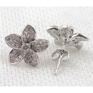 copper flower earring paved zircon, platinum plated, approx 16mm dia [FDZN922]