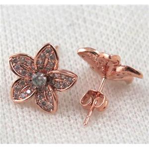copper flower earring paved zircon, rose gold, approx 16mm dia [FDZN923]