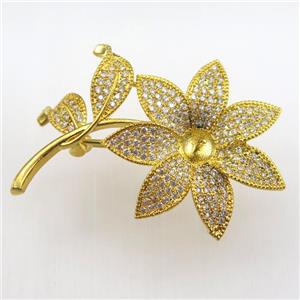 copper flower brooch paved zircon, gold plated, approx 31-45mm [FDZN9234]