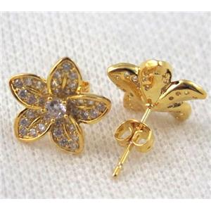 copper flower earring paved zircon, gold plated, approx 16mm dia [FDZN924]