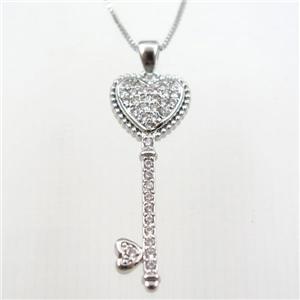 copper necklace with key pave zircon, platinum plated, approx 10-30mm, 0.6mm chain, 40cm length [FDZN9247]