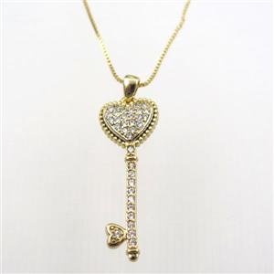 copper necklace with key pave zircon, gold plated, approx 10-30mm, 0.6mm chain, 40cm length [FDZN9248]