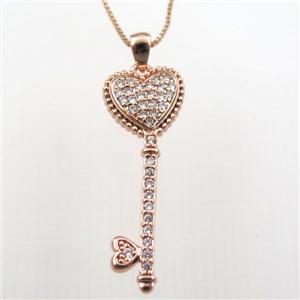 copper necklace with key pave zircon, rose gold, approx 10-30mm, 0.6mm chain, 40cm length [FDZN9249]