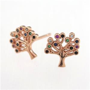 copper earring studs paved zircon, tree of life, rose gold, approx 10-11mm [FDZN9253]