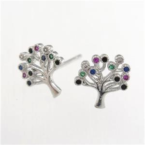 copper earring studs paved zircon, tree of life, platinum plated, approx 10-11mm [FDZN9254]