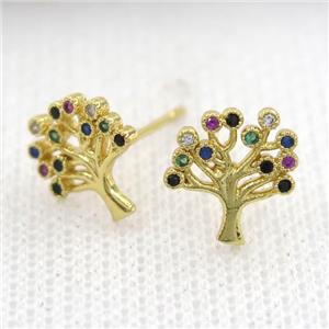 copper earring studs paved zircon, tree of life, gold plated, approx 10-11mm [FDZN9255]