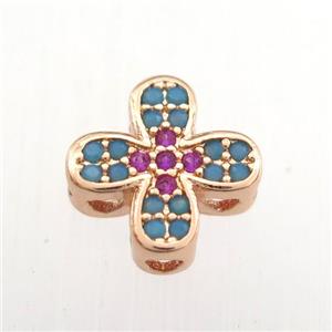 copper cross beads paved zircon, turq, rose gold, approx 10mm [FDZN9266]