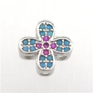 copper cross beads paved zircon, turq, platinum plated, approx 10mm [FDZN9267]