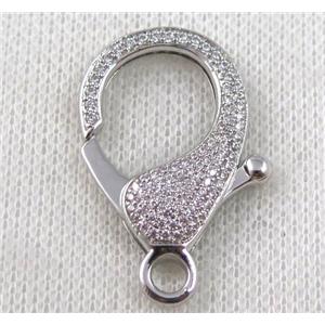 copper Lobster Clasp paved zircon, platinum plated, approx 20-35mm [FDZN929]