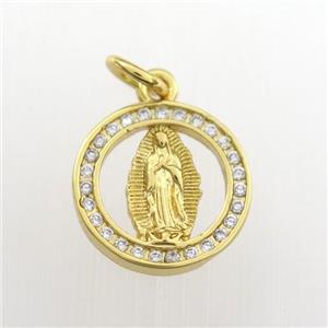 copper Jesus pendant paved zircon, circle, religious, gold plated, approx 13mm dia [FDZN9304]