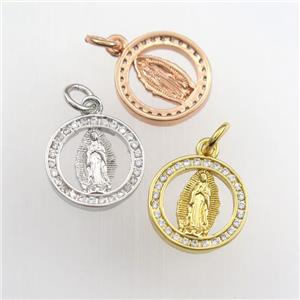 copper Jesus pendant paved zircon, circle, religious, mix color, approx 13mm dia [FDZN9305]