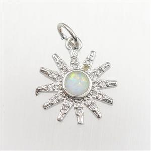 copper sun pendant paved zircon with fire opal, platinum plated, approx 14mm dia [FDZN9313]