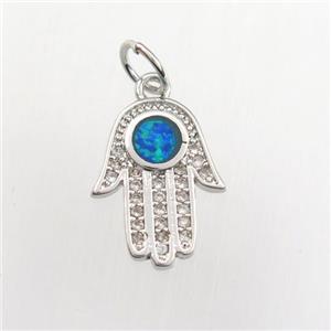 copper hamsahand pendant paved zircon with fire opal, platinum plated, approx 11-14mm [FDZN9323]