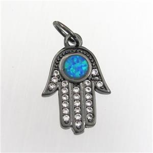copper hamsahand pendant paved zircon with fire opal, black plated, approx 11-14mm [FDZN9325]
