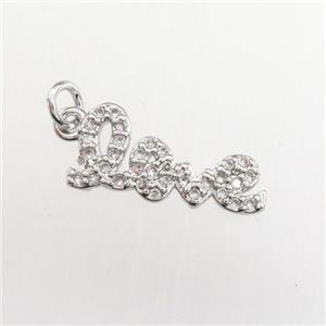 copper LOVE pendant paved zircon, platinum plated, approx 7-15mm [FDZN9328]