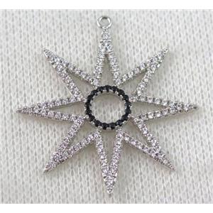 copper sun pendant paved zircon, platinum plated, approx 35mm dia [FDZN933]