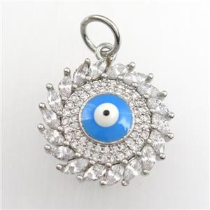 copper sun pendant paved zircon with evil eye, platinum plated, approx 20mm dia [FDZN9346]