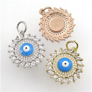 copper sun pendant paved zircon with evil eye, mix color, approx 20mm dia [FDZN9348]