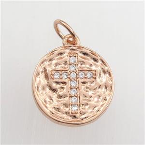 copper circle pendant paved zircon with cross, hammered, rose gold, approx 13mm dia [FDZN9352]