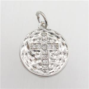 copper circle pendant paved zircon with cross, hammered, platinum plated, approx 13mm dia [FDZN9353]