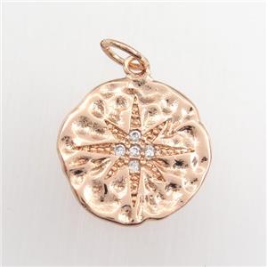 copper circle pendant paved zircon with northstar, hammered, rose gold, approx 15mm dia [FDZN9357]