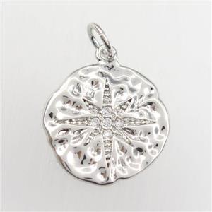 copper circle pendant paved zircon with northstar, hammered, platinum plated, approx 15mm dia [FDZN9358]