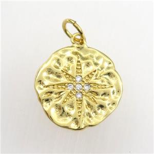 copper circle pendant paved zircon with northstar, hammered, gold plated, approx 15mm dia [FDZN9359]