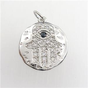 copper circle pendant paved zircon with hamsahand, hammered, platinum plated, approx 16mm dia [FDZN9362]