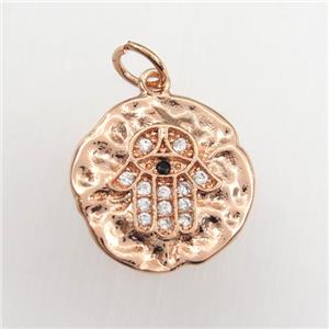 copper circle pendant paved zircon with hamsahand, hammered, rose gold, approx 15mm dia [FDZN9365]