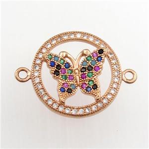 copper circle connector paved zircon with butterfly, rose gold, approx 17mm dia [FDZN9381]