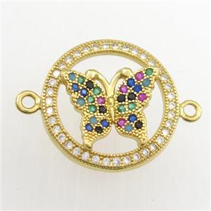 copper circle connector paved zircon with butterfly, gold plated, approx 17mm dia [FDZN9383]