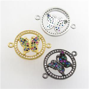 copper circle connector paved zircon with butterfly, mix color, approx 17mm dia [FDZN9385]
