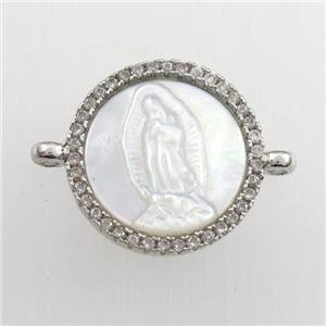 copper circle connector paved zircon with shell Jesus, platinum plated, approx 15mm dia [FDZN9396]