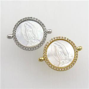 copper circle connector paved zircon with shell Jesus, mix color, approx 15mm dia [FDZN9398]