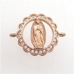copper circle connector paved zircon with Jesus, religious, rose gold, approx 15mm dia [FDZN9399]