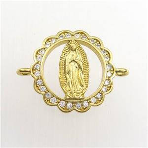 copper circle connector paved zircon with Jesus, gold plated, approx 15mm dia [FDZN9401]
