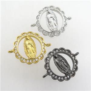 copper circle connector paved zircon with Jesus, mix color, approx 15mm dia [FDZN9403]