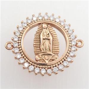 copper circle connector paved zircon with Jesus, rose gold, approx 21mm dia [FDZN9404]